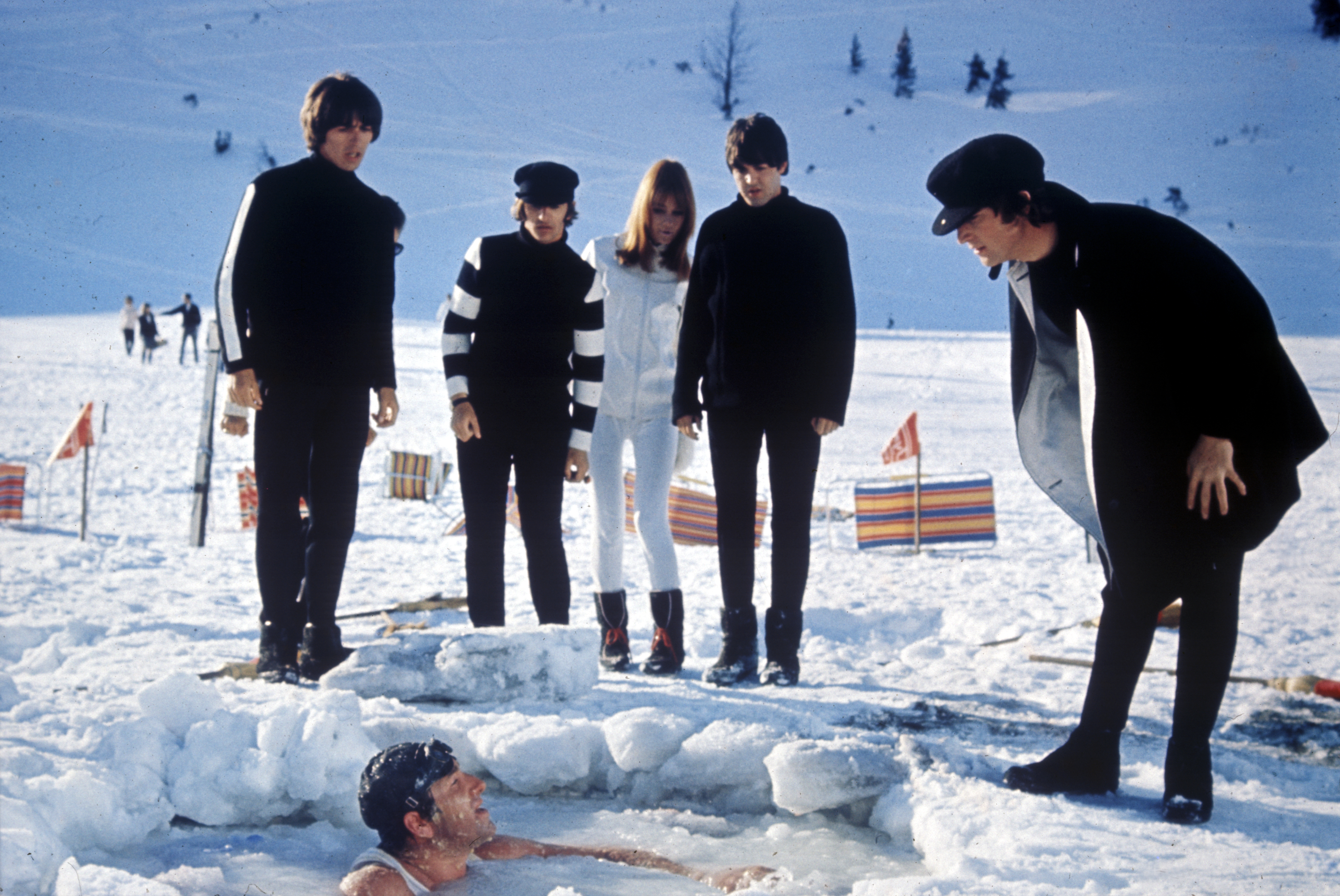 The Beatles in the snow in a scene from Help!
